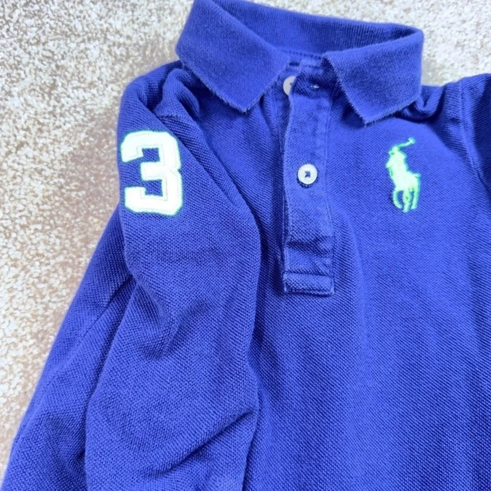 Ralph Lauren Baby Boy Navy Blue Neon Green Big Pony Long Sleeve Polo Romper 9M